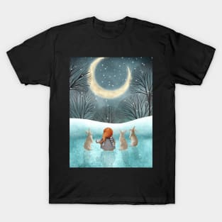 Nordic she gnome and rabbits in the snow, night forest watercolor illustration. Moonlight winter enchanted forest. T-Shirt